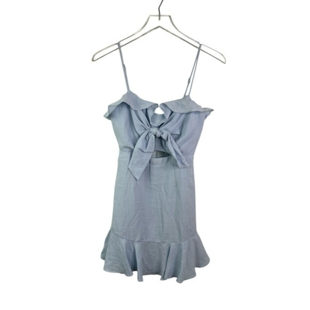 SELFIE LESLIE S Women Pico Tied-Knot Bust Ruffle Mini Dress Steel Blue Feminine - Picture 4 of 12